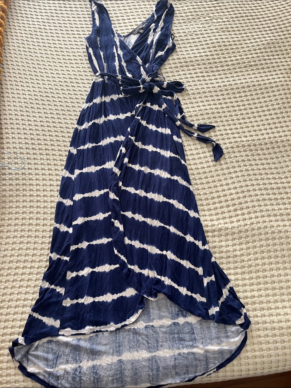Luxology Navy and White Tie-Dye High-Low Wrap Dress